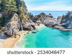 McWay Falls on Highway 1 and Big Sur along the Pacific Ocean coast, beautiful landscape and aerial view, sunset, sunrise, fog. Concept, travel, vacation, weekend.