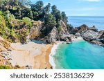 McWay Falls on Highway 1 and Big Sur along the Pacific Ocean coast, beautiful landscape and aerial view, sunset, sunrise, fog. Concept, travel, vacation, weekend.