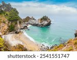 McWay Falls on Highway 1 and Big Sur along the Pacific Ocean coast, beautiful landscape and aerial view, sunset, sunrise, fog. Concept, travel, vacation, weekend.