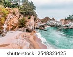 McWay Falls on Highway 1 and Big Sur along the Pacific Ocean coast, beautiful landscape and aerial view, sunset, sunrise, fog. Concept, travel, vacation, weekend