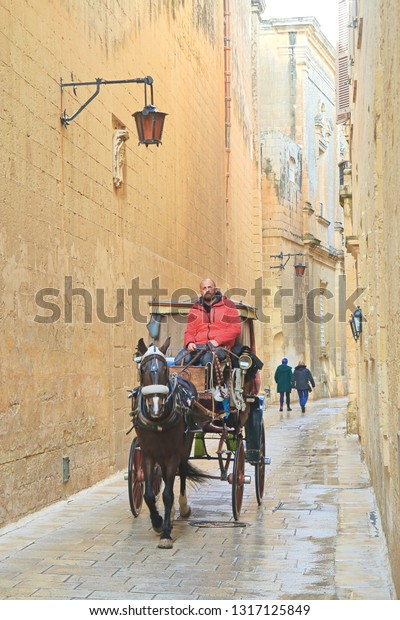 MDINA, MALTA - JANUARY 16, 2019. A horse-drawn\
carriage driven by an experienced coachman rolls down the streets\
of the ancient city.