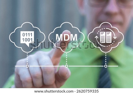 MDM Master Data Management Information Technology concept. Business person using virtual touch screen push text: MDM. Consistency, Accuracy, Integration, Governance, Standards, Hierarchy, Compliance.