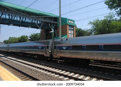 “Arbutus, MD-USA-07-17-21: Here Is A Photo Of An Amtrak ACS-64 Speeding Through The Halethorpe Train Station On The Northeast Corridor.”