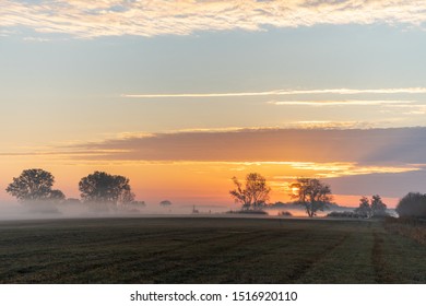 A meadow in the autumn at sunrise with fog in the background