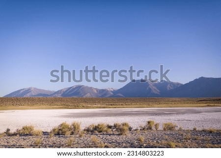 Meadows and empty fields surrounded by mountains and covered with salt residue close to Mammoth Lakes in Eastern Sierra, California