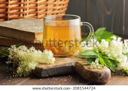 Meadowsweet floral herbal tea in glass cup with flowers  nearby on the wooden rustic table, antiviral homemade drink, closeup, copy space, natural medicine and healthy herbal tea concep