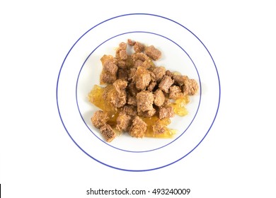 Meal For Cats Or Dogs, Industrial Canned Wet Food On A Plate  Isolated On A White Background, Top View From Above