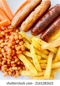 Children’s Meal With Chips, Baked Beans, Sausages And Carrots