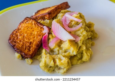 Meal In Dominican Republic - Fried Cheese With Mangu (mashed Plantains)