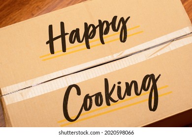 Meal Kit Cardboard Box Delivered. Subscription Service Delivery Cooking Ingridients To Your Door