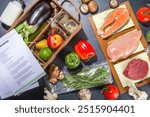 Meal Kit Delivery Concept. Set various healthy dishes food ingredients meat, vegetables, fruit, spices with recipes for cooking. Online ordering chef foods ingredients, grocery delivery