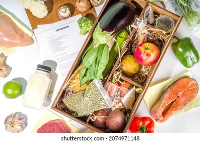 Meal Kit Delivery Concept. Set Various Healthy Dishes Food Ingredients Meat, Vegetables, Fruit, Spices With Recipes For Cooking. Online Ordering Chef Foods Ingredients, Grocery Delivery