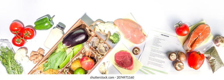 Meal Kit Delivery Concept. Set Various Healthy Dishes Food Ingredients Meat, Vegetables, Fruit, Spices With Recipes For Cooking. Online Ordering Chef Foods Ingredients, Grocery Delivery