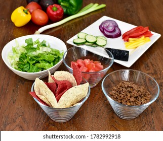 Meal Kit Fresh Ingredients Laid Out In Decorative Arrangement Ready For Preparing At Home Gourmet Healthy Taco Salad Dinner