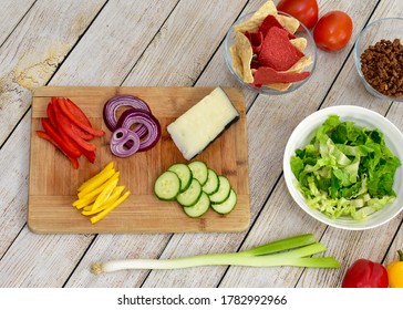 Meal Kit Fresh Ingredients Laid Out In Decorative Arrangement Ready For Preparing At Home Gourmet Healthy Taco Salad Dinner