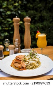 Meal Spaghetti With Chicken Filet Milanese Breaded Meat And Pasta