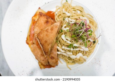 Meal Spaghetti With Chicken Filet Milanese Breaded Meat And Pasta