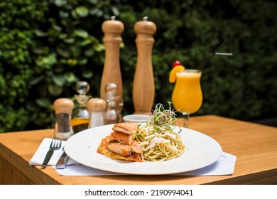 Meal Spaghetti With Chicken Filet Milanese Breaded Meat And Pasta