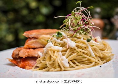 Meal Spaghetti With Chicken Filet Milanese Breaded Meat And Pasta