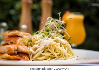 Meal Spaghetti With Chicken Filet Milanese Breaded Meat And Pasta