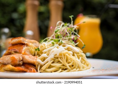 Meal Spaghetti With Chicken Filet Milanese Breaded Meat And Pasta