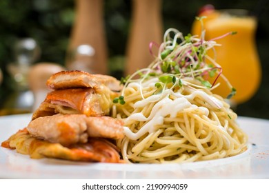 Meal Spaghetti With Chicken Filet Milanese Breaded Meat And Pasta