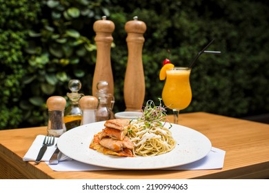 Meal Spaghetti With Chicken Filet Milanese Breaded Meat And Pasta