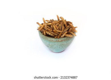 Mealworms in Green Pottery Bowl in Point of View Shot with Shallow Depth of Field Isolated on White