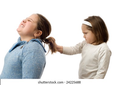 A Mean Little Girl Pulling On Her Older Sister's Hair, Isolated Against A White Background