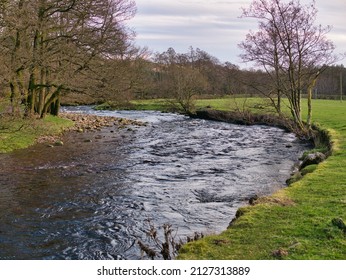 A meander in the River Dunsop near Dunsop Bridge in Lancashire, UK. On the left rock debris on the slip-off slope is visible while on the right, lateral erosion has formed a small river cliff.