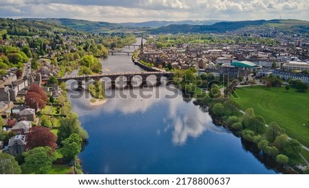 The meandering current of the River Tay.

Perth, Scotland - May 16, 2021
Picturesque landscape of the River Tay and the city of Perth, Scotland.
