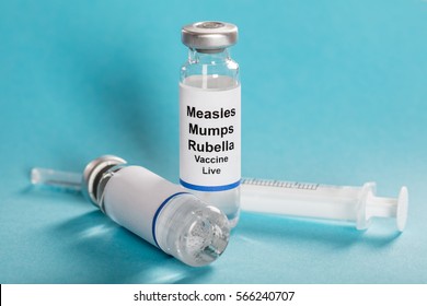 Measles Mumps Rubella Vaccine Vials With Syringe Over Turquoise Background