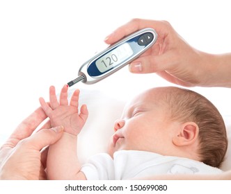 Measure Child Glucose Level Blood Test Diabetes Patient Baby Using Glucometer And Small Drop Of Blood From Finger And Test Strips Isolated On A White Background