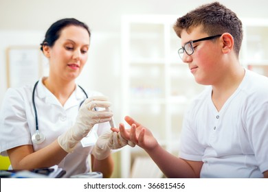 Measure Child Glucose Level Blood Test Diabetes Little Boy Using Glucometer