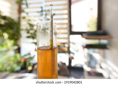 Measurement of alcohol content in beer. One of the most essential equipments in home brewing, hydrometer in a glass of beer. - Powered by Shutterstock