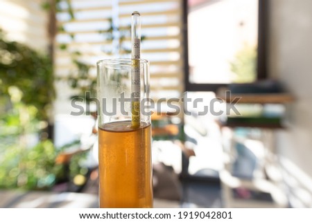 Measurement of alcohol content in beer. One of the most essential equipments in home brewing, hydrometer in a glass of beer.