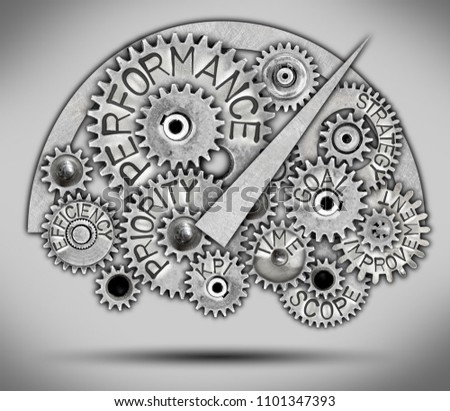 Measurement icon and tooth wheel mechanism with PERFORMANCE concept related words imprinted on metal surface