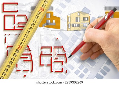 Measurement and survey of a residential building - concept with ruler against an imaginary floor plans and elevations project of a new residential building