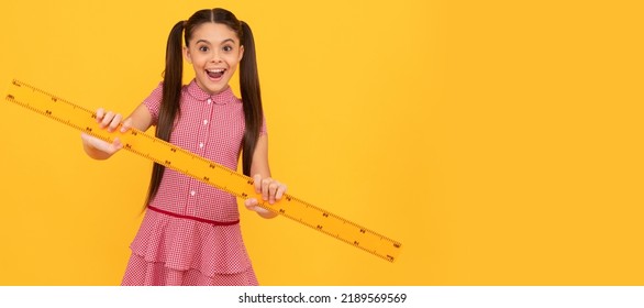 Measurement. Trigonometry Stationery. Mathematics. Measuring And Sizing. Banner Of Schoolgirl Student. School Child Pupil Portrait With Copy Space.