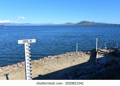 The Measurements For Water Tide At A River, Steel Ruler Water Level Meter For Water Depth Measuring Of Well Dam Lake Irrigation And Hydropower Station.