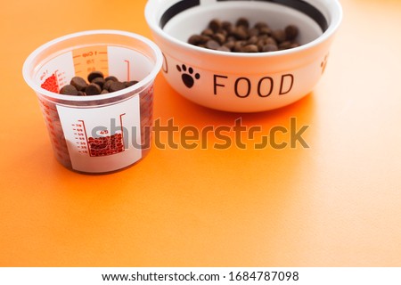 Measuring cup, bowl with dry food and toys for dogs on the orange background. Concept pet care, playing and training. Top view. Space for a text.