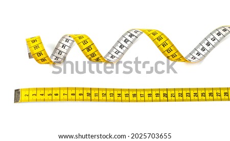 Measuring tape of tailor with indicators in form of centimeters. Yellow rolled measuring tape isolated on white background