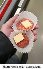 Meat And Cheese Food Sample Held In Hand At Grocery Store Costco