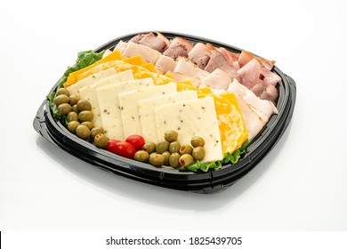 Meat, Cheese And Olive Platter, Isolated On White Background.