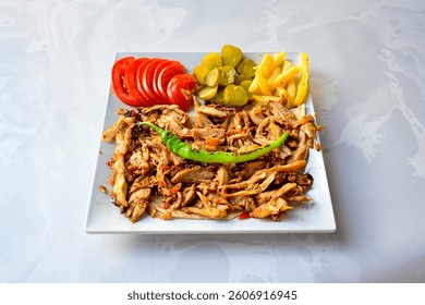 Meat Chicken Doner, between bread (Turkish Name : ekmek arasi et doner, tavuk doner, Gobit ekmek arasi, Turk kebabi). Top view