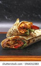 Meat Chicken Doner, Food Shot On Black Ground, Wrap Doner