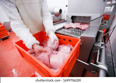 Meat company, industry. A worker hands holding a raw cuts of minced meat, introduced into an introductory washing in the meat production process.