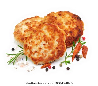 Meat, cutlets with herbs on white background, isolated.