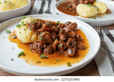 Meat dish with potato dumplings on a plate. Delicious braised poultry ragout with brown gravy.