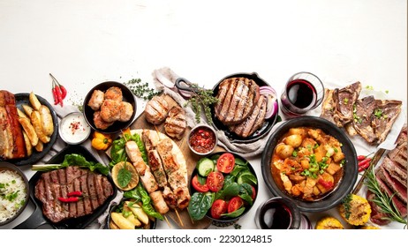 Meat dishes. Plates of various meat. Non vegetarian food banner. Top view. Copy space.